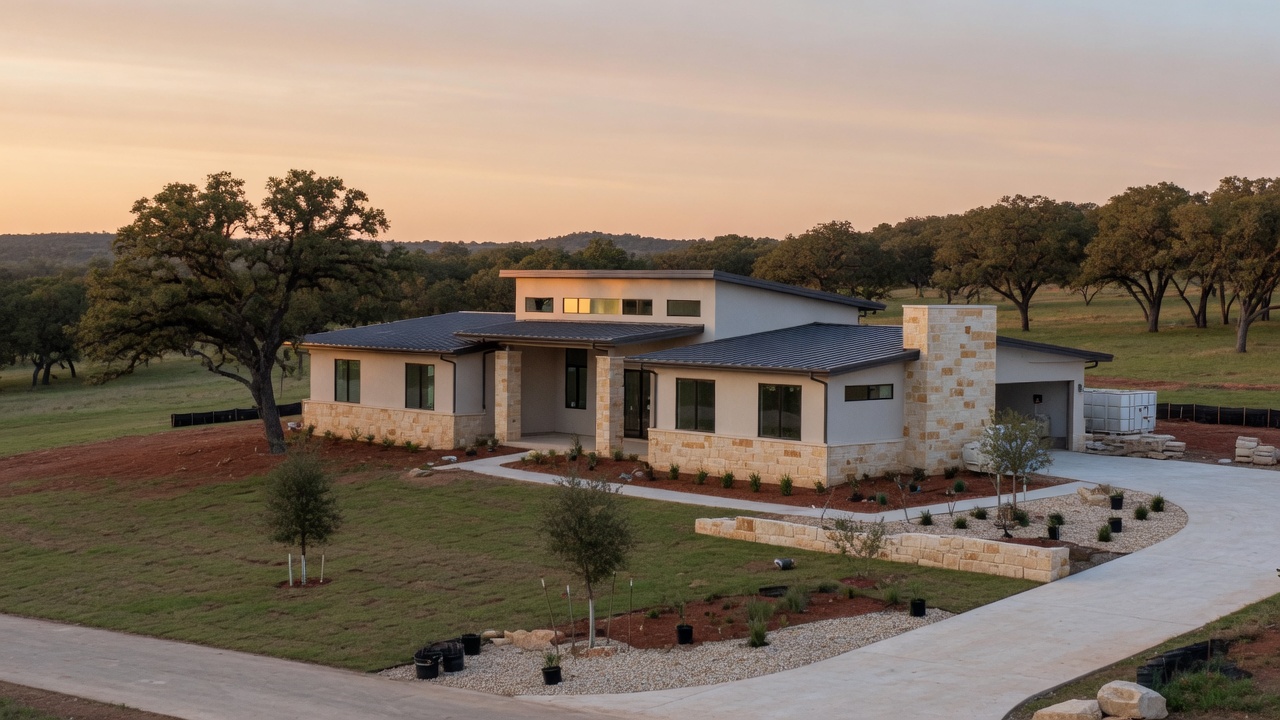 A newly built home in the Texas Hill Country with contemporary design, limestone accents, and young landscaping on a spacious lot near Boerne