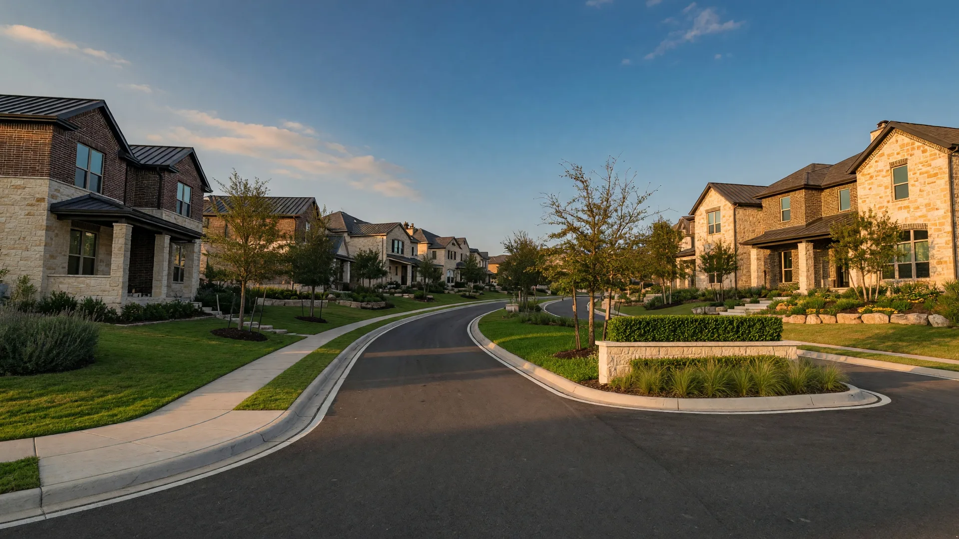 Corley Farms new construction community in Boerne, Texas — modern suburban homes alongside preserved oak trees and greenbelt areas
