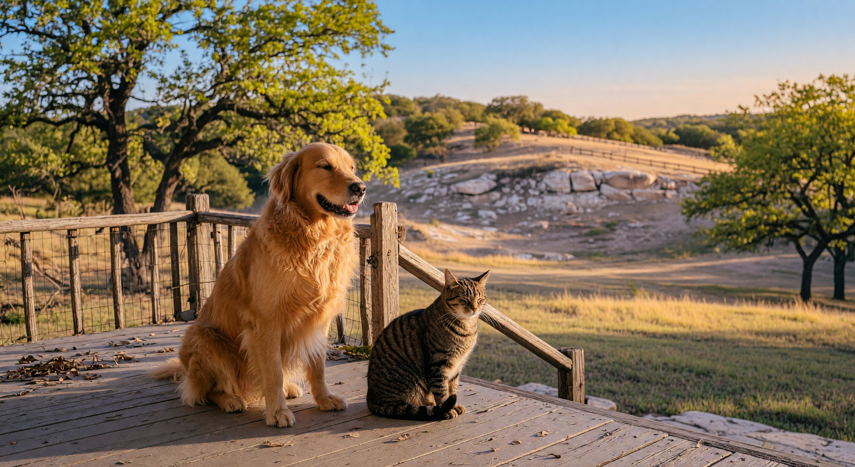 A dog and cat on a Hill Country porch overlooking rolling Texas terrain