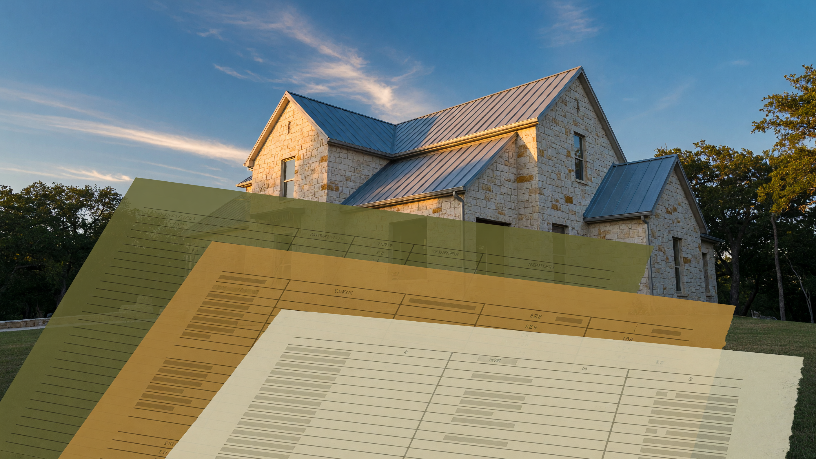 A Texas Hill Country home with translucent layered panels beneath it representing stacked tax district costs that add to the base property tax rate
