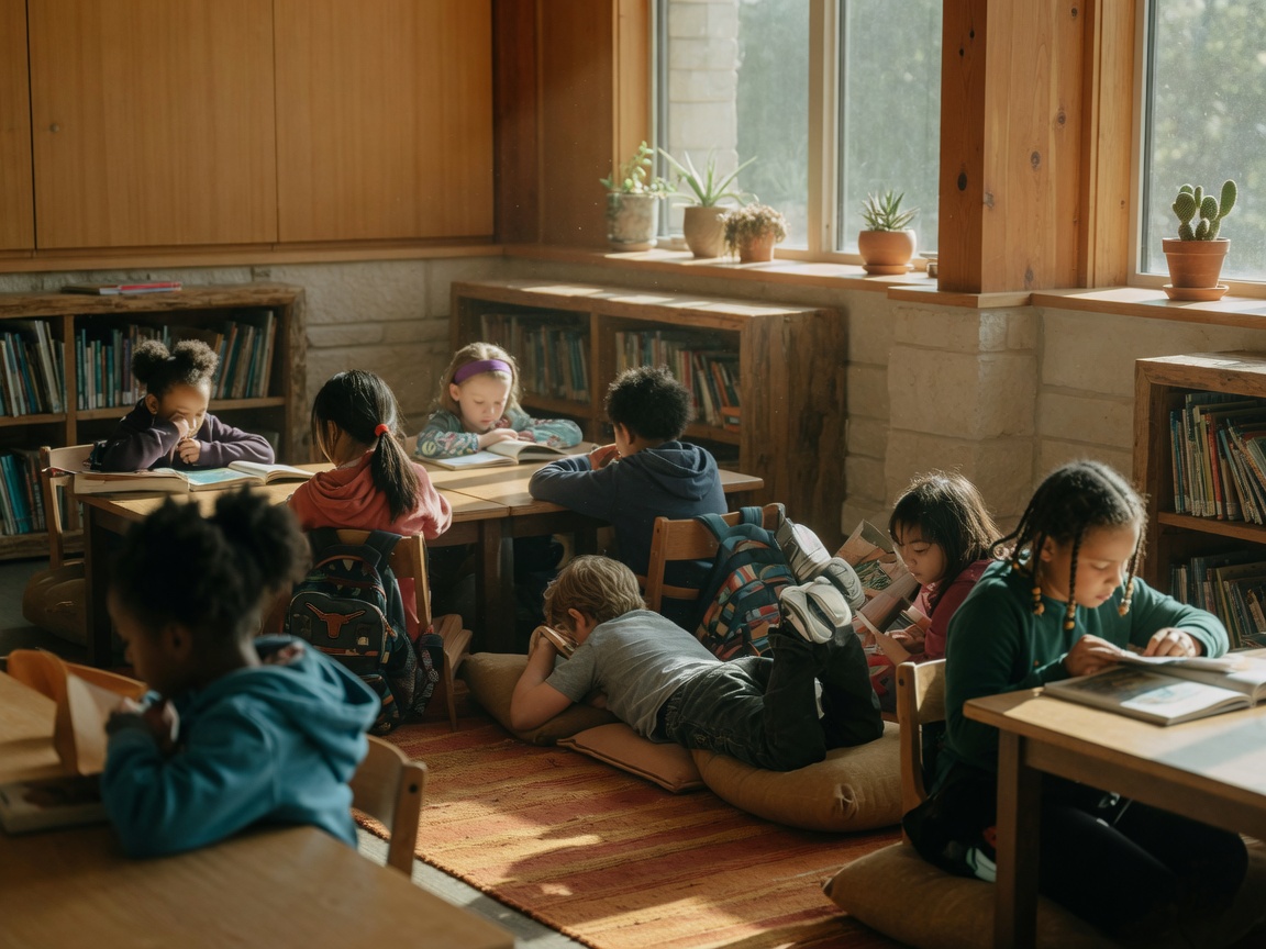 Elementary school children reading books in a bright, modern classroom with warm natural light streaming through large windows — representing the quality learning environments available in Texas Hill Country schools
