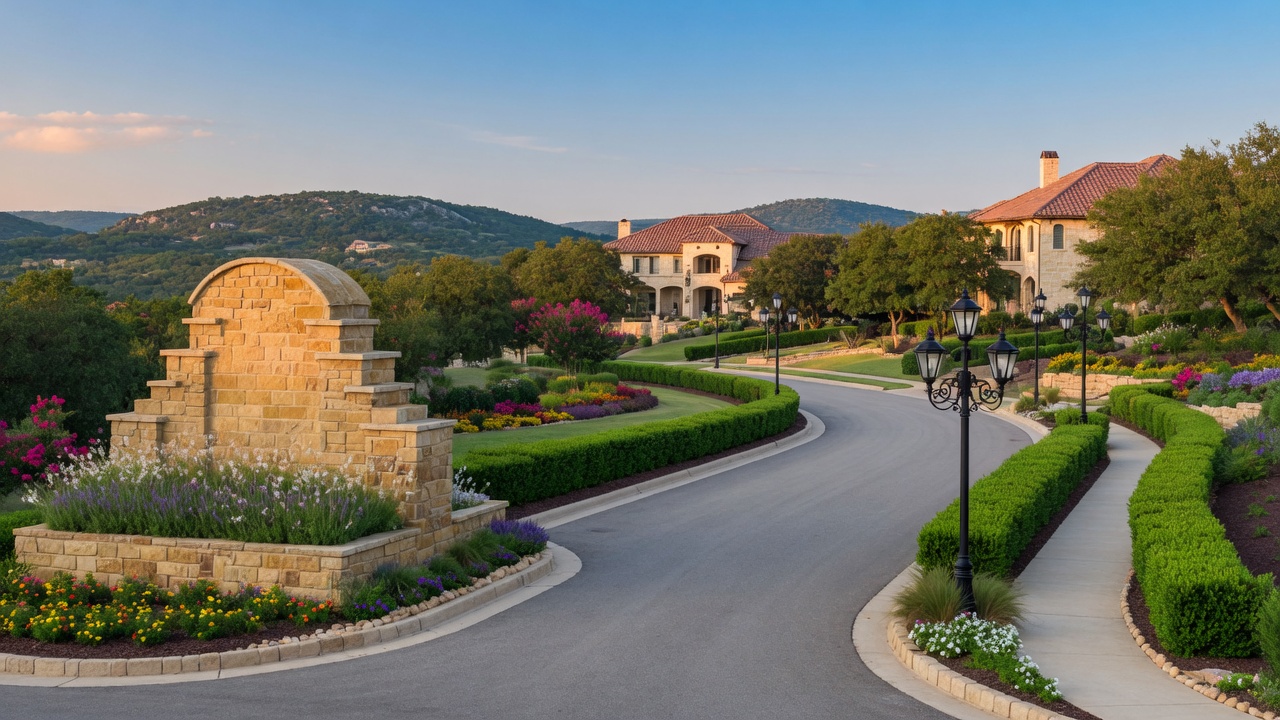 Landscaped entrance to a master-planned community with stone monuments, ornamental street lighting, sidewalks, and manicured flower beds — the types of public improvements that a Public Improvement District can fund