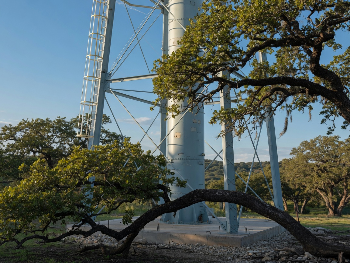 Modern water tower and utility infrastructure with live oak trees and blue sky in the background, showing the intersection of development infrastructure and natural Hill Country landscape