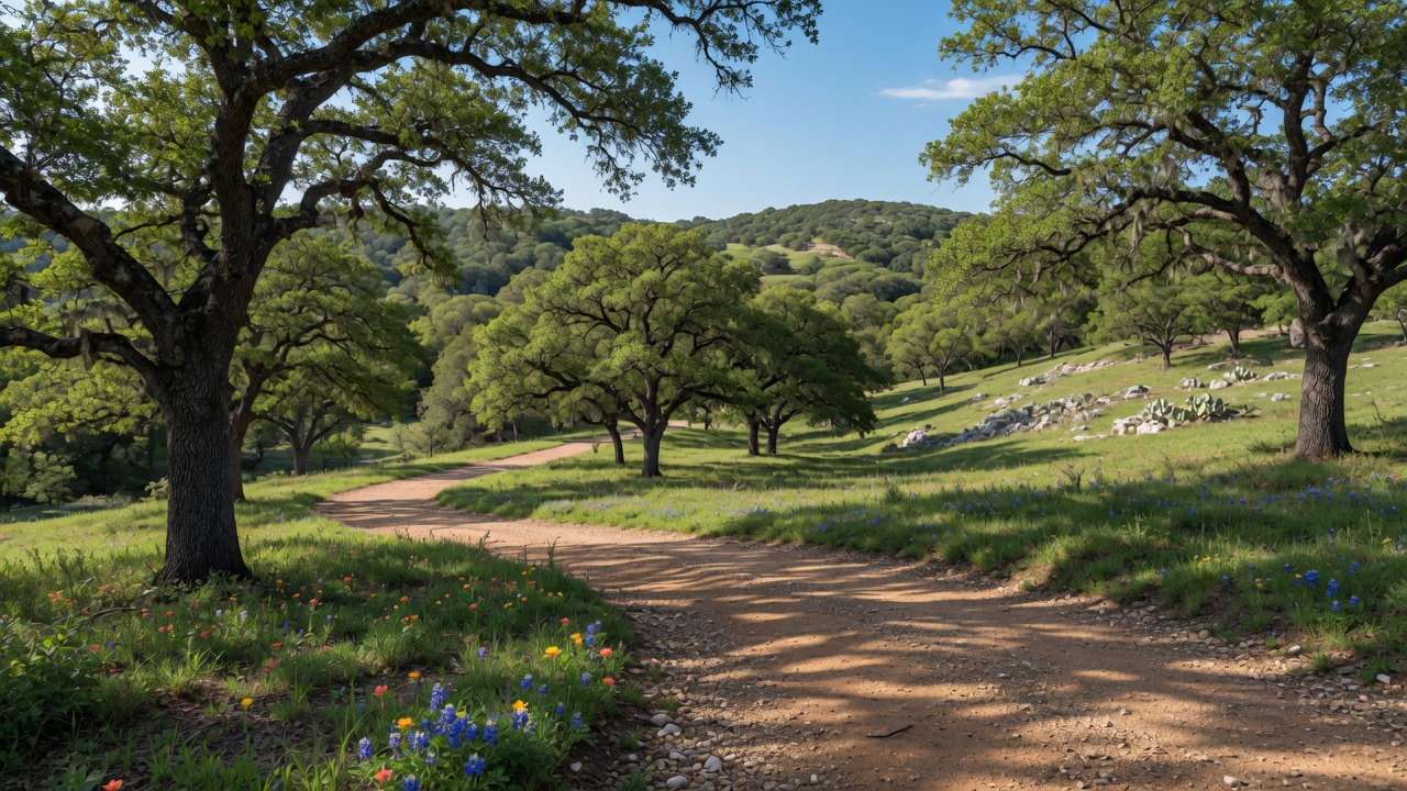 Scenic nature trail through live oak trees in the Texas Hill Country near Boerne