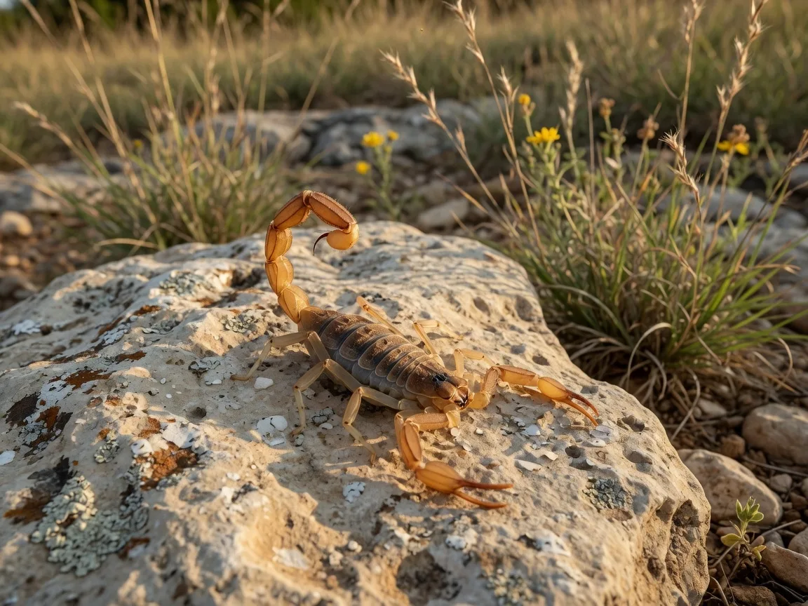 A striped bark scorpion on a limestone rock in the Texas Hill Country, its segmented body and curved tail clearly visible in warm afternoon light