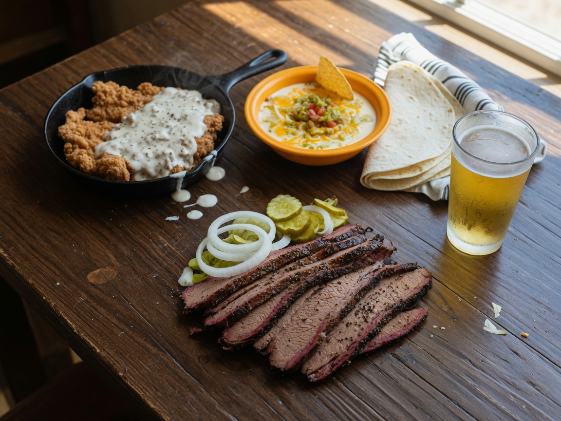 Texas restaurant food spread with smoked brisket, chicken fried steak, queso, and cold beer on a rustic table
