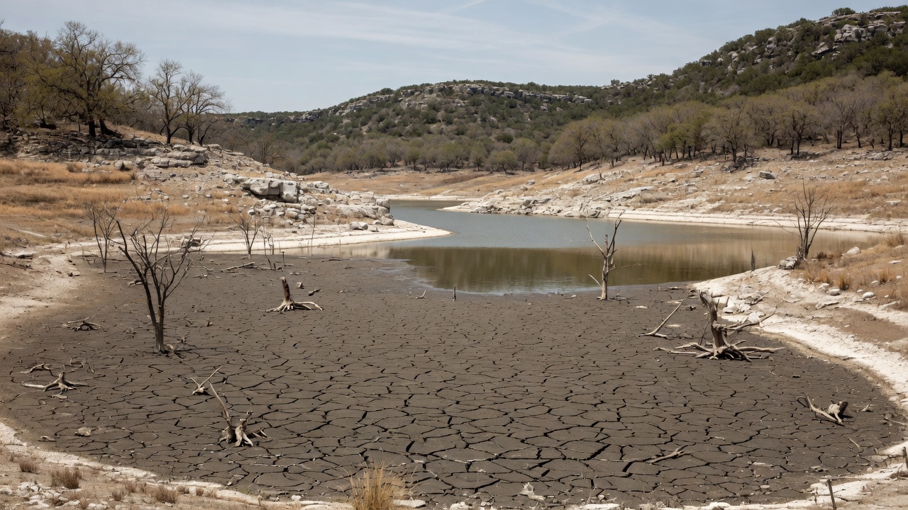 Drought conditions at a Texas Hill Country lake showing significantly depleted water levels, with a vast exposed cracked lakebed and a distant low water line ringed by mineral deposits on the surrounding limestone hills