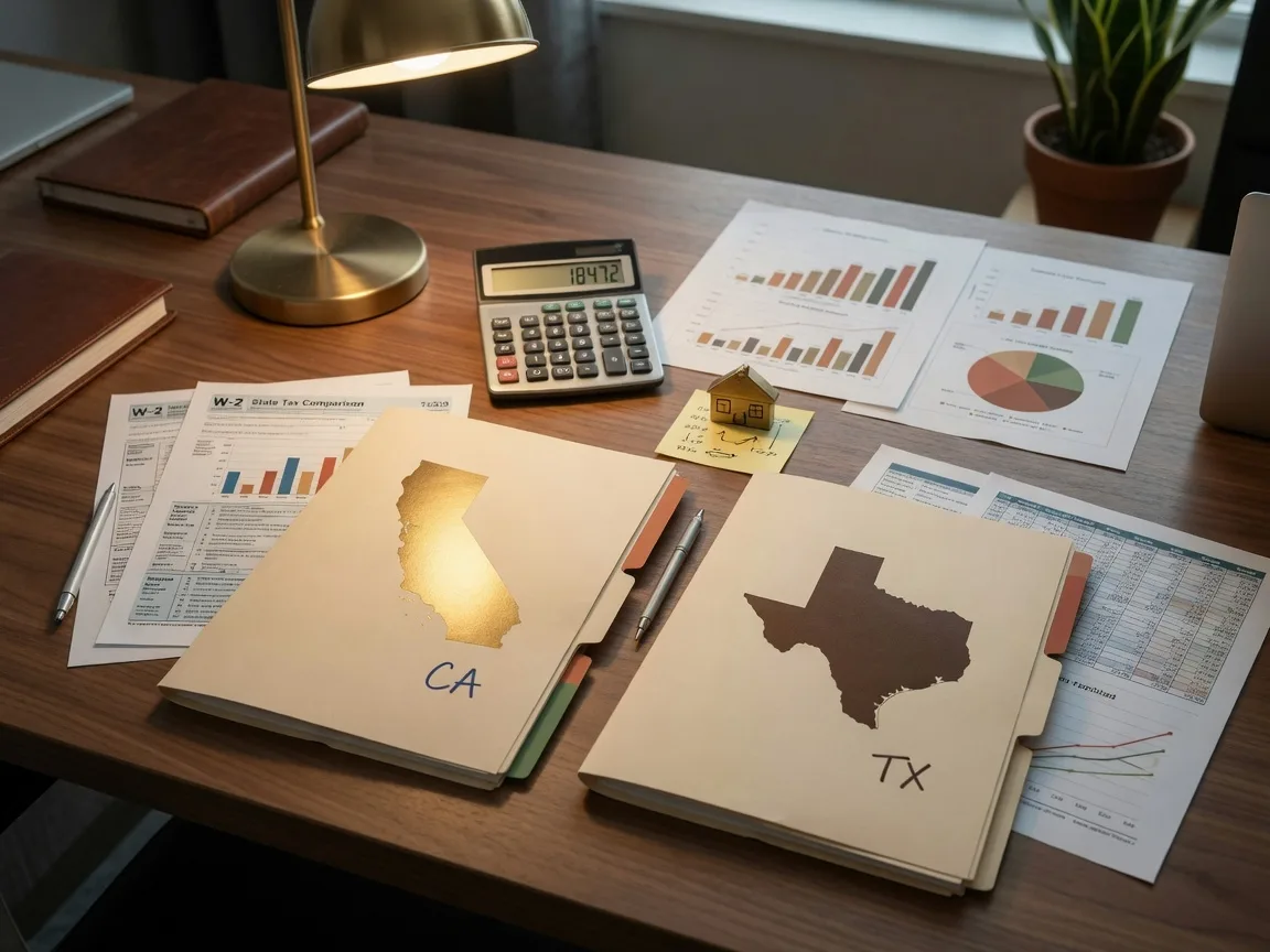 Estate planning documents, reading glasses, and financial materials arranged on a polished wooden desk