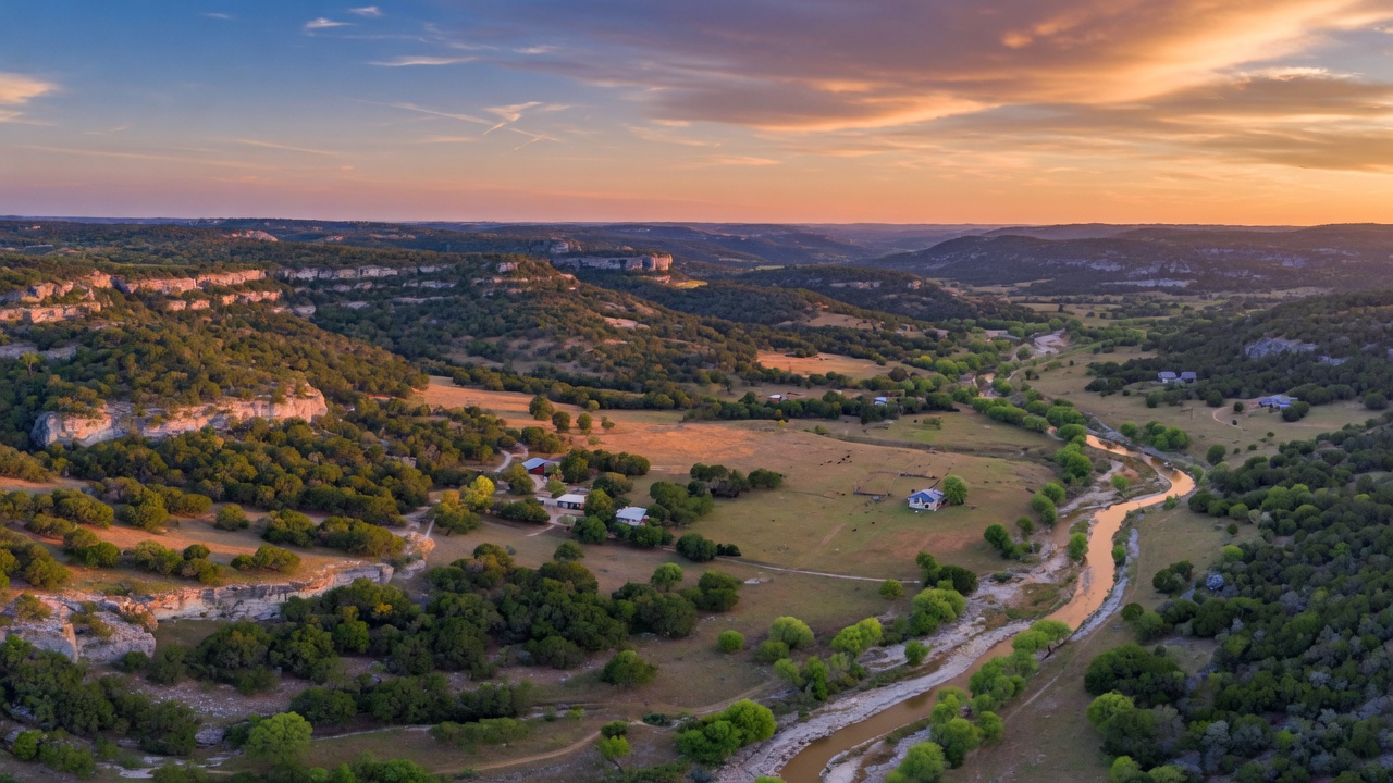 Aerial view of the Texas Hill Country at golden hour, showing rolling limestone hills covered with live oak mottes, native grasslands, and a few scattered ranch properties stretching toward the horizon under a warm amber sky