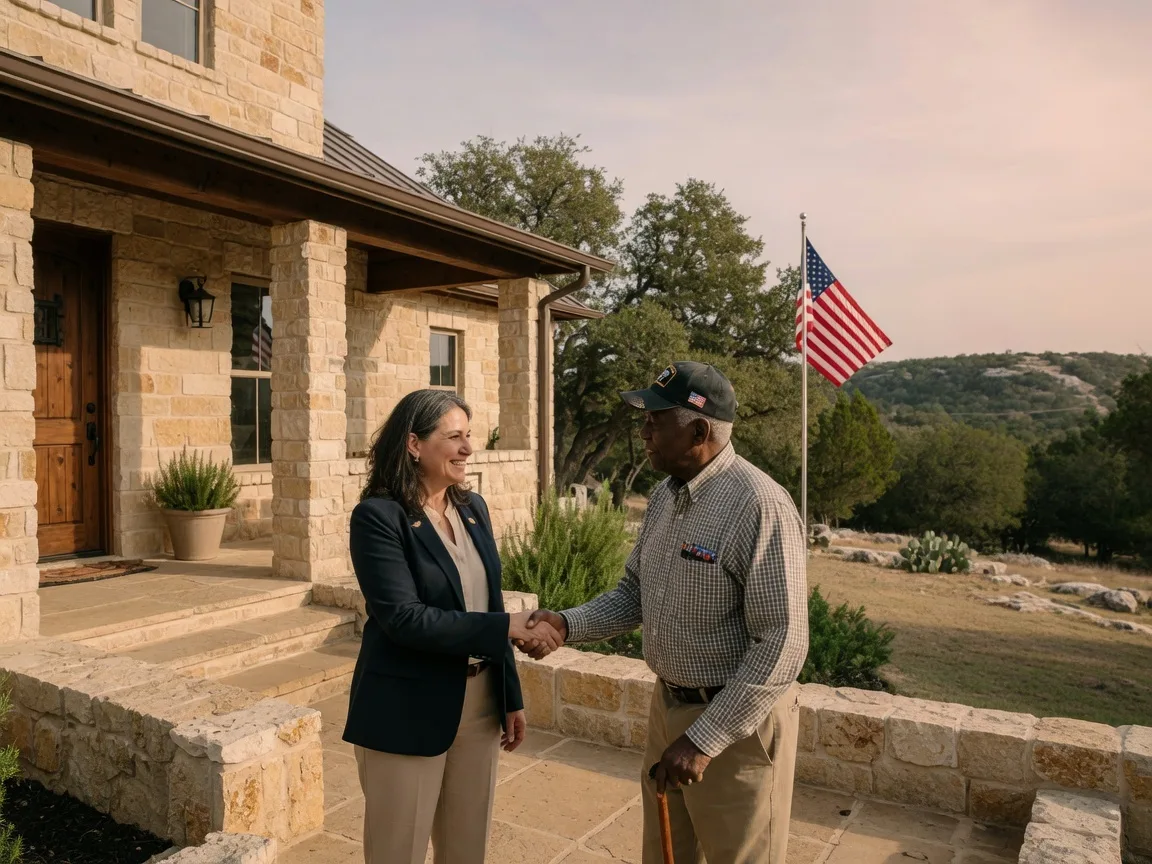 A real estate agent in a blazer shaking hands with a veteran in front of a Texas Hill Country home with limestone porch in warm afternoon sunlight
