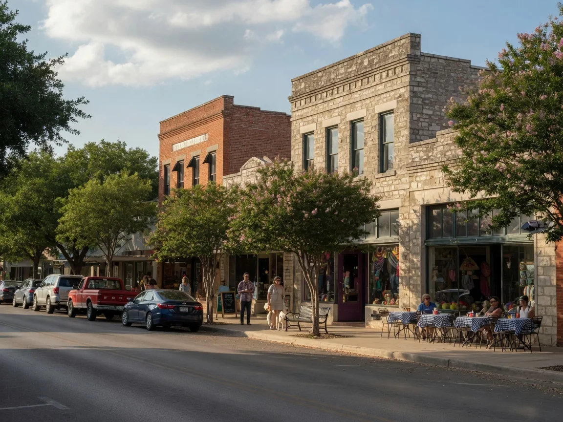 Historic Boerne Main Street (Hill Country Mile) with limestone storefronts, tree-lined sidewalks, and boutique shops on a weekday afternoon