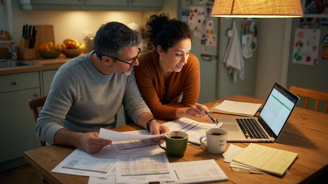 A family planning their relocation together at the kitchen table.