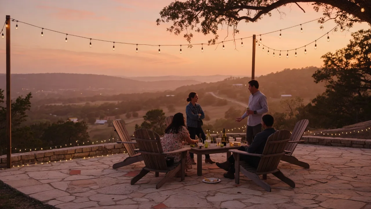 A small group of adults gathered on a Hill Country patio at sunset with string lights overhead and rolling hills in the background — representing both the warmth of community and the patience required to build new friendships after relocating