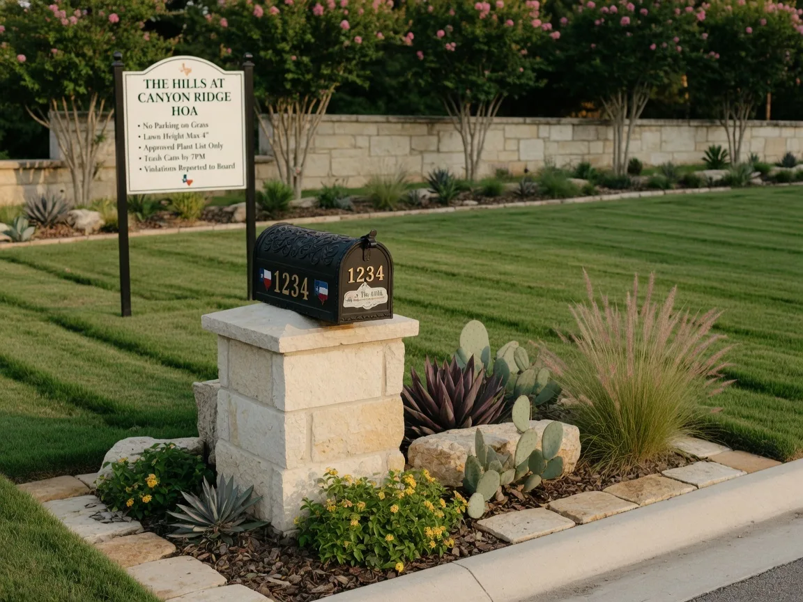 A close-up view of a decorative mailbox and neatly trimmed front yard in a Texas Hill Country HOA neighborhood with community standards signage