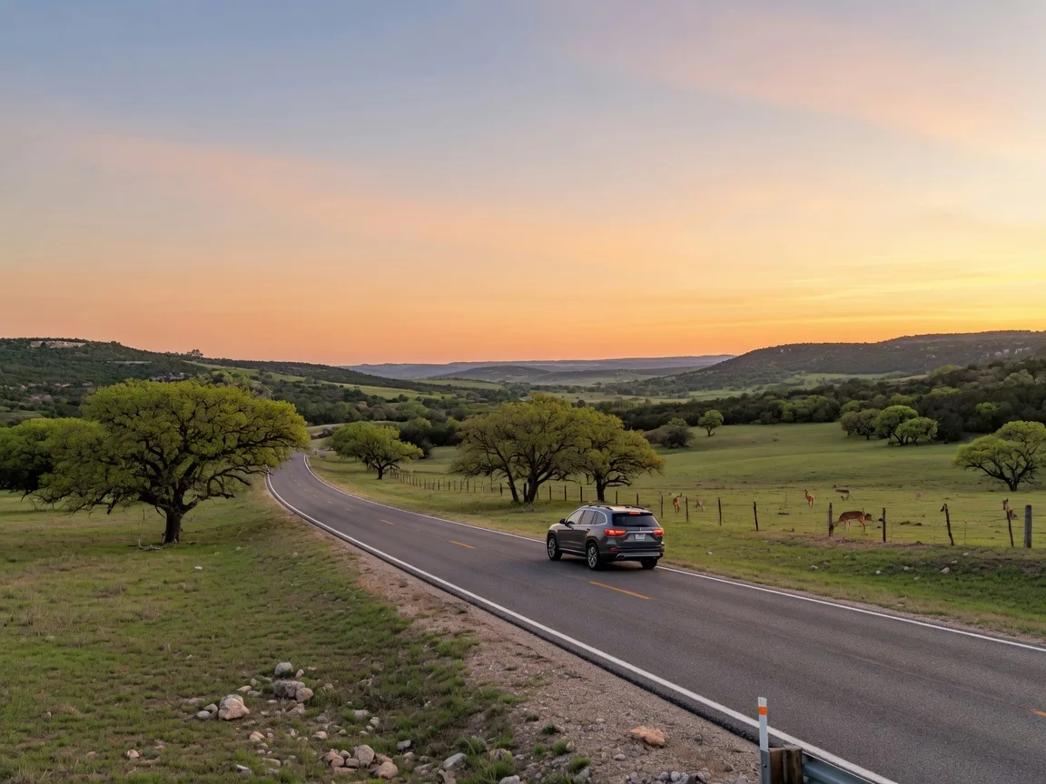 A welcoming Hill Country Texas home with limestone facade, front porch with rocking chairs, and native wildflowers in the yard, representing the homestead you will establish in Texas