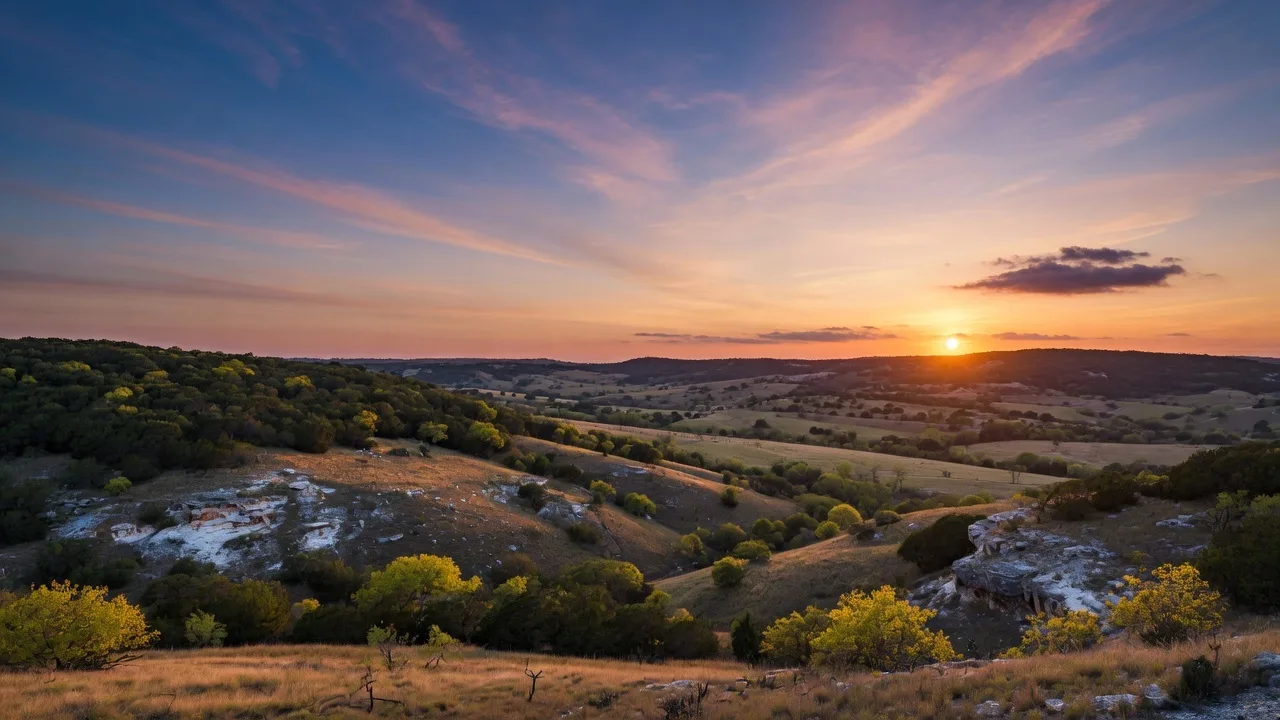 A wide golden-hour landscape of the Texas Hill Country with rolling hills, live oaks, exposed limestone, and an expansive sky transitioning from gold to deep blue