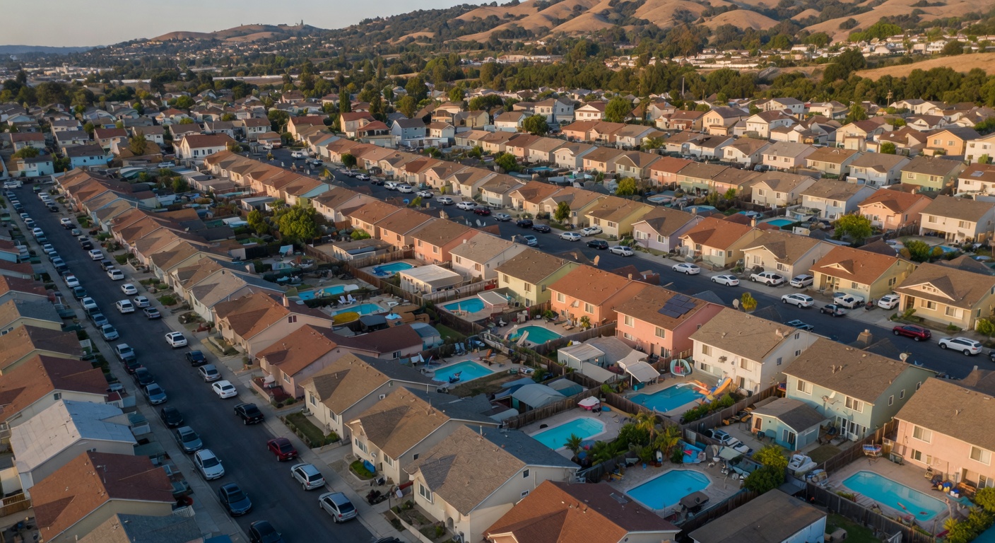 California suburban neighborhood with high property values and Prop 13 tax implications