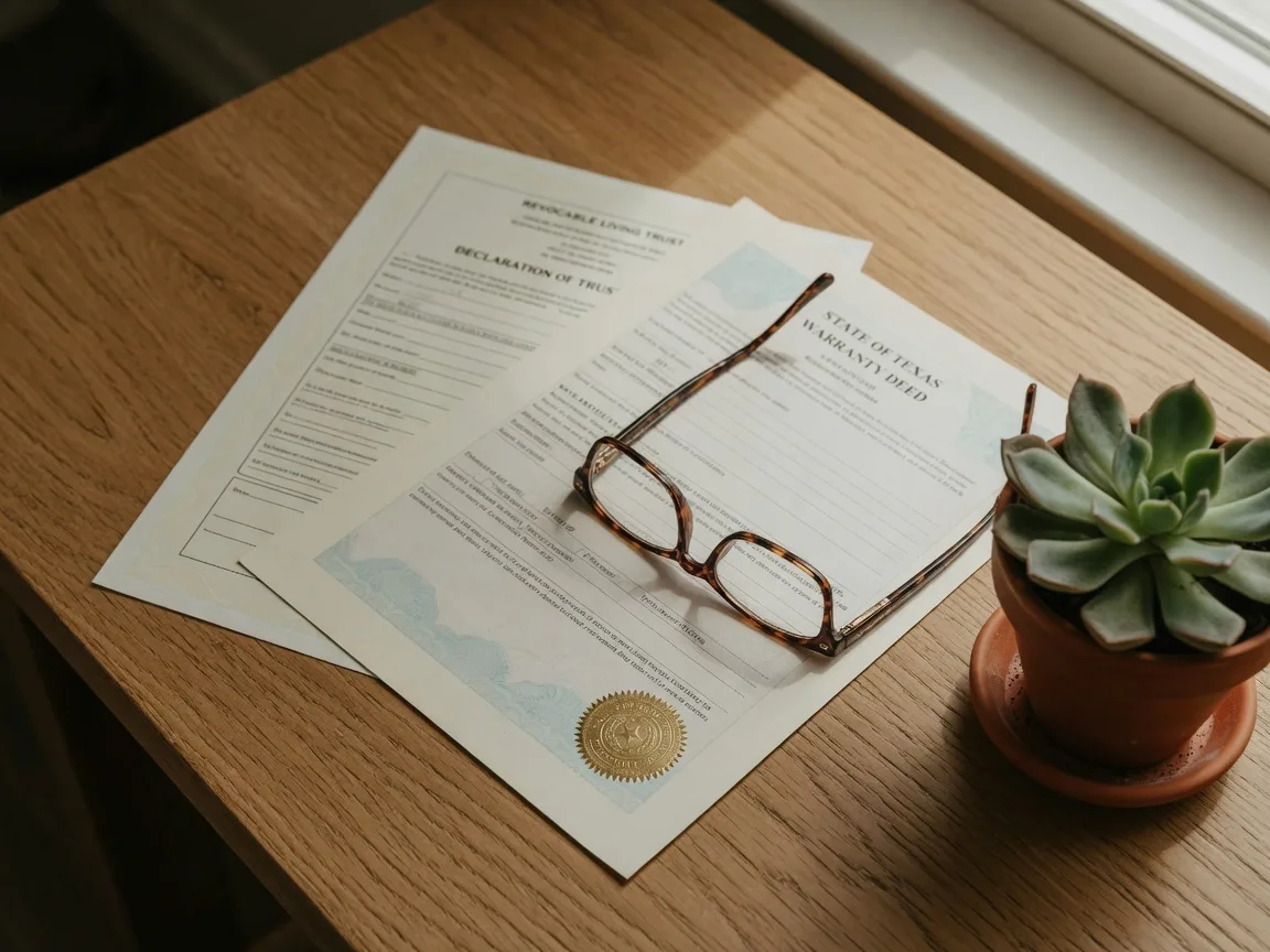 A Texas property deed and trust document on a wooden desk with reading glasses, representing the need to properly fund real estate into a trust