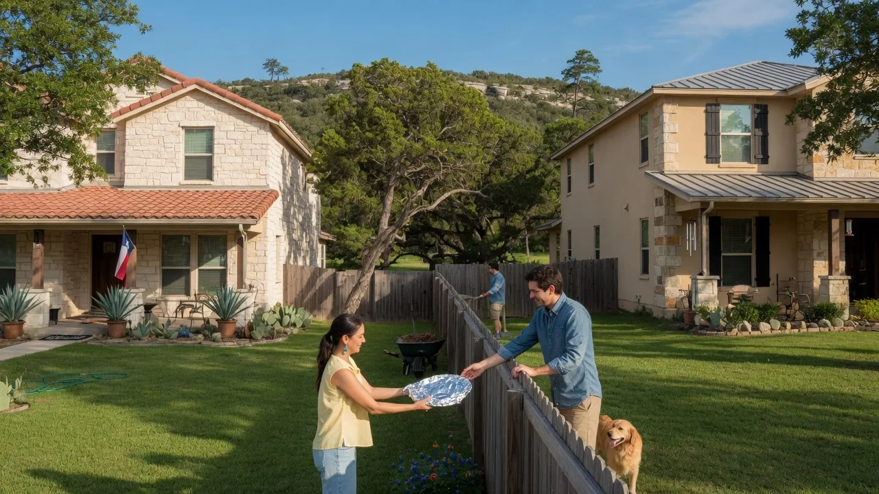 Neighbors chatting over a fence in a Texas Hill Country neighborhood — the kind of welcoming interaction California transplants experience within their first 24 hours