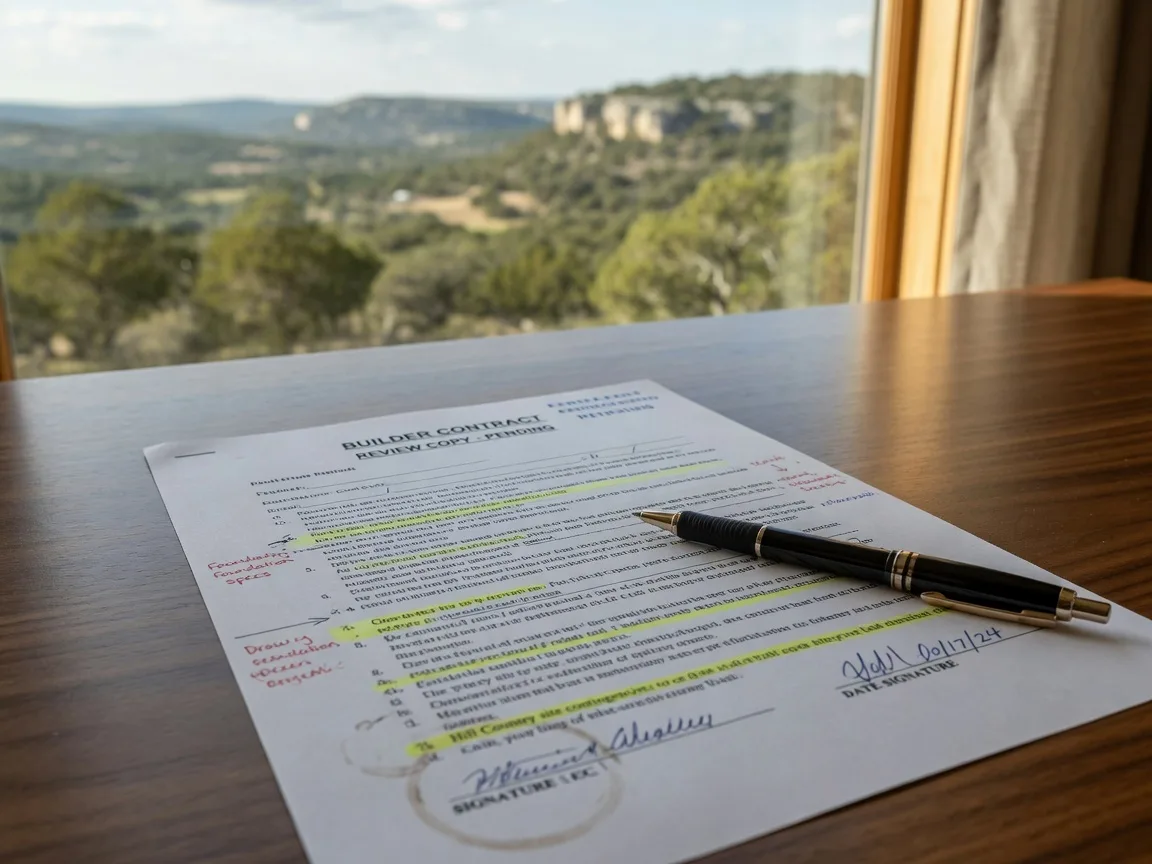 A contract document and pen, representing the builder contract review process.
