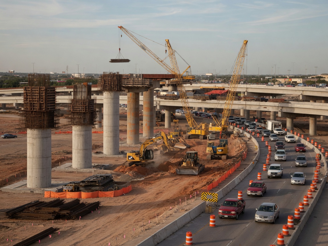Construction crews working on the I-10 and Loop 1604 interchange rebuild with heavy equipment, concrete pillars, and traffic flowing through the active construction zone