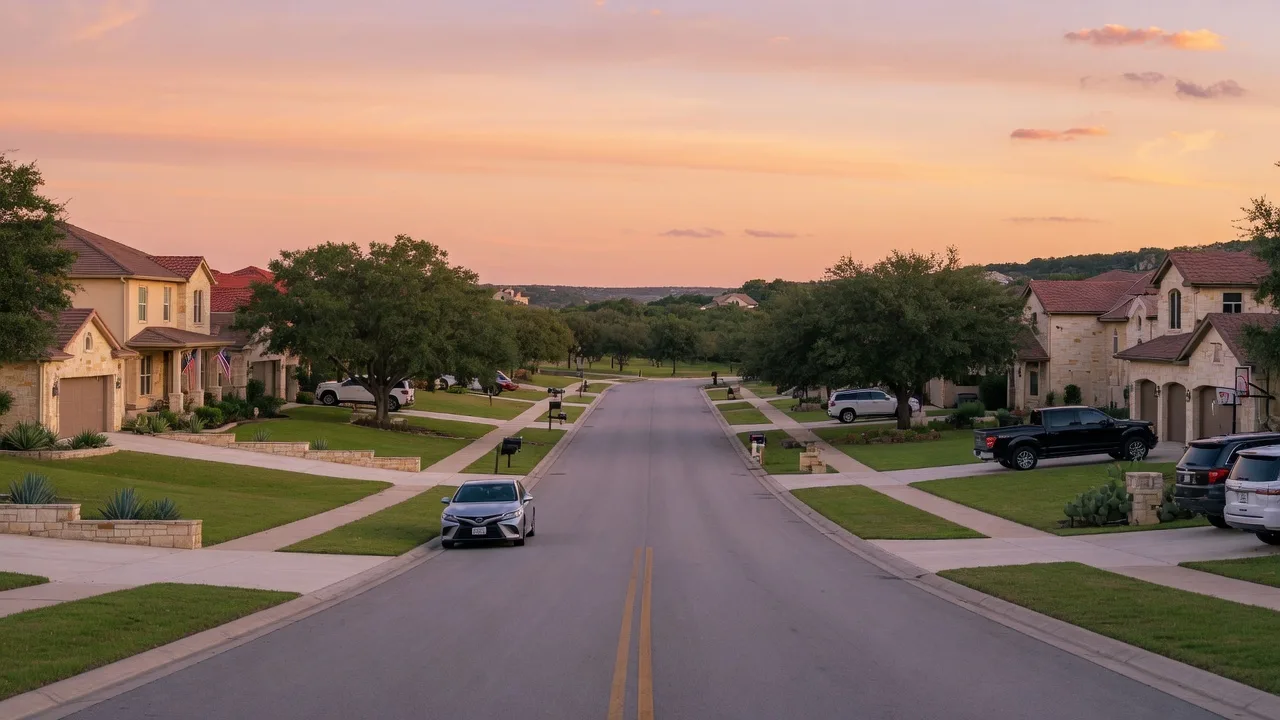 A peaceful Texas Hill Country residential street at sunset with wide lots, long driveways, stone homes, and warm evening light — the smaller details of daily life add up quickly