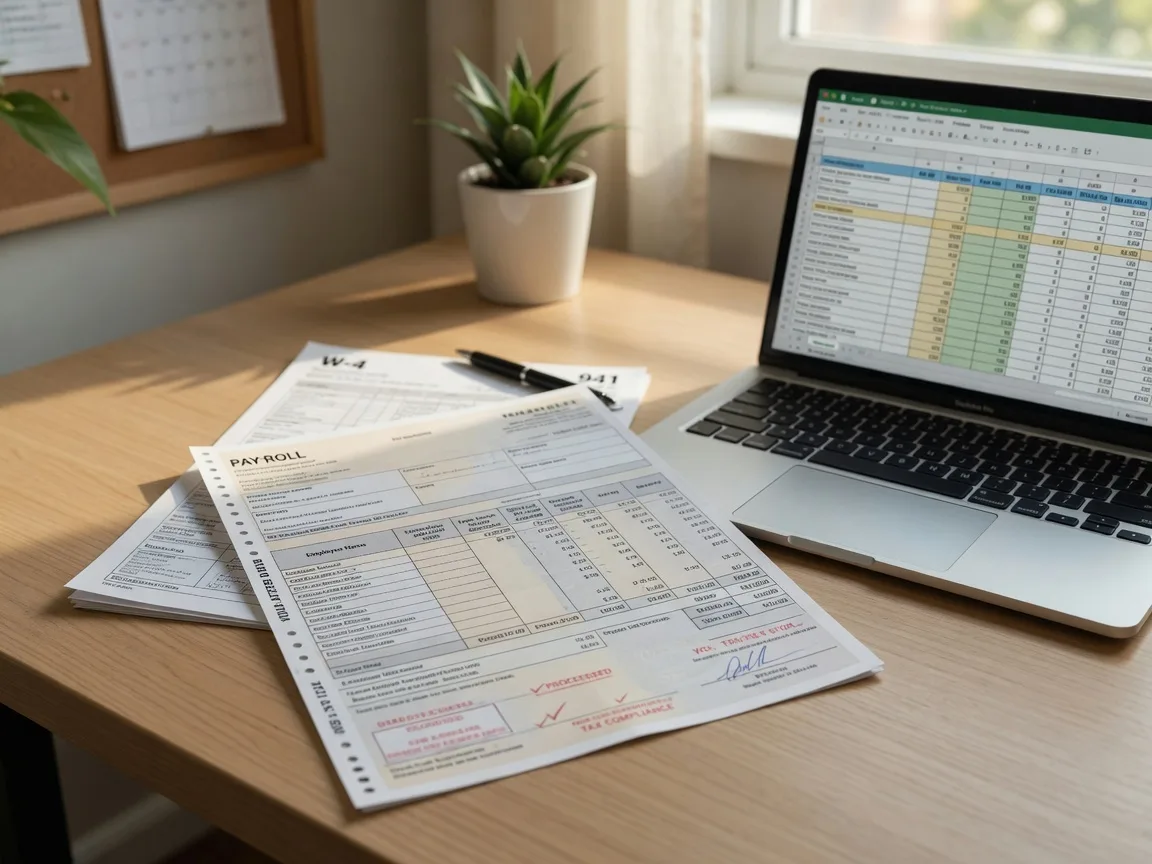 Payroll documents and a laptop showing a spreadsheet on a desk, representing employer-side payroll compliance and tax withholding processes