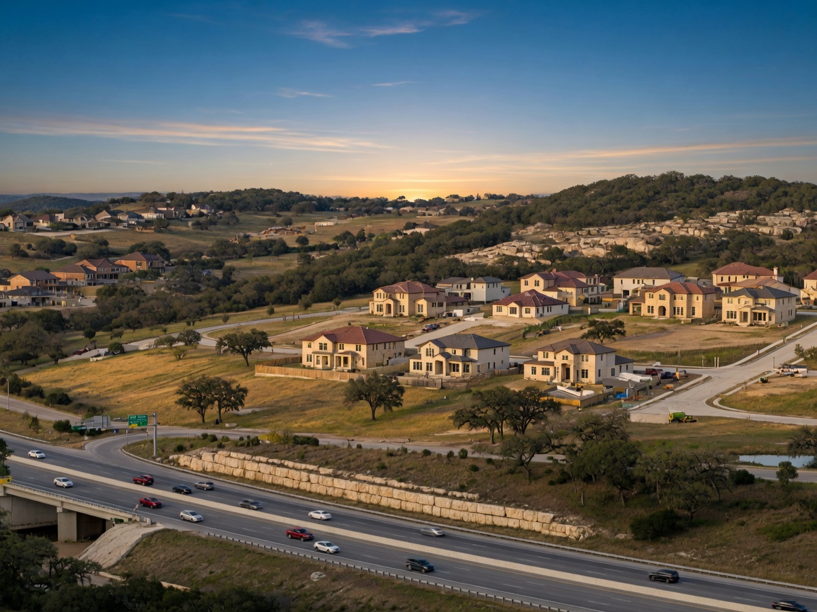 Hill Country residential communities and new housing development along the I-10 corridor northwest of San Antonio with live oak trees and rolling terrain