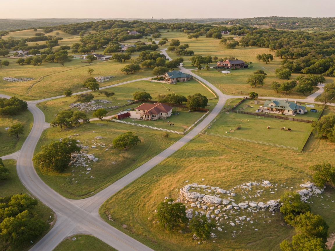 Aerial view of a quiet Hill Country neighborhood with homes on generous lots, live oak trees, and gently rolling terrain near Boerne, Texas