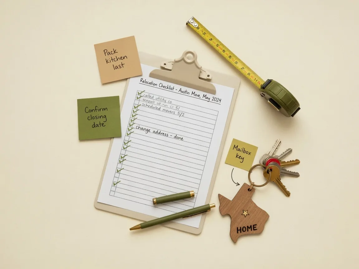 An organized planning workspace with a checklist on a clipboard, sticky notes, house keys, and a pen — representing the methodical 90-day residency establishment timeline