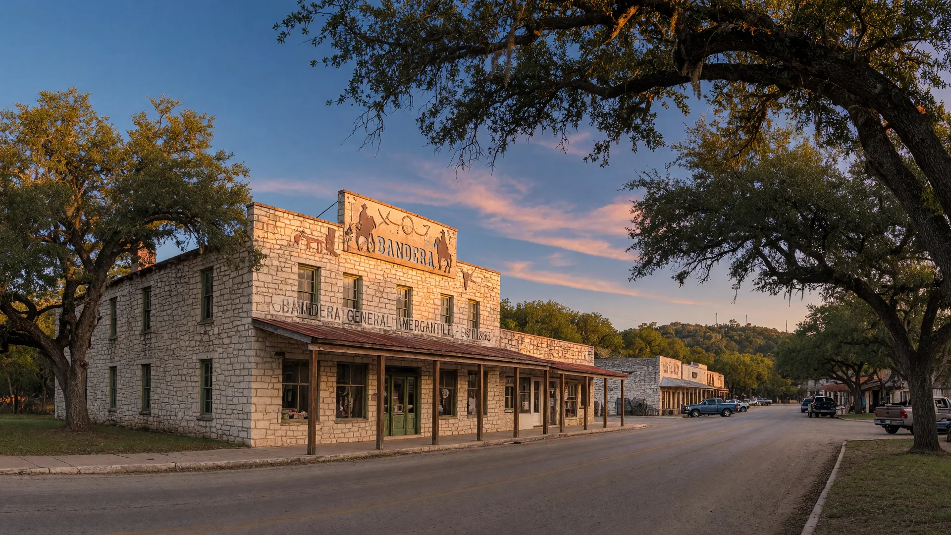 Historic Main Street in Bandera, Texas, with limestone buildings, live oak trees, and western storefronts at golden hour