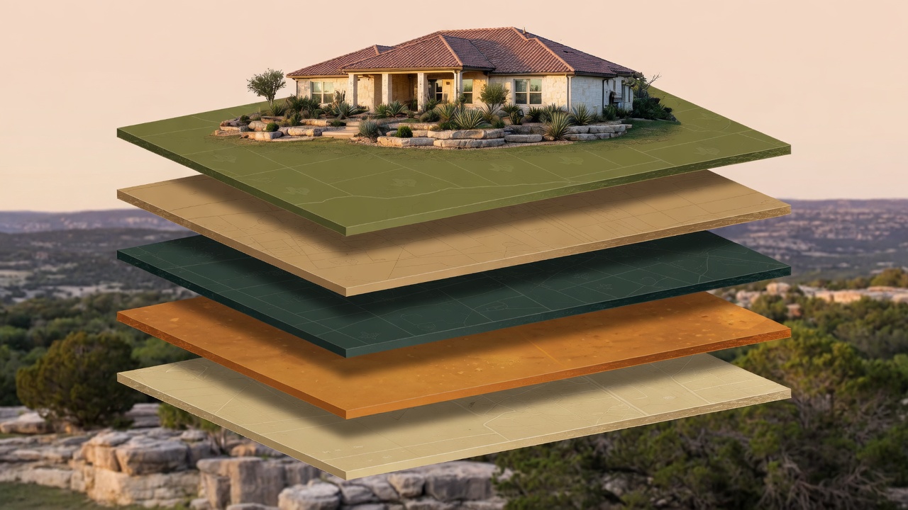 Visual representation of stacked taxing jurisdictions — county, school district, city, MUD, and ESD layers — each adding to the total property tax rate in Texas