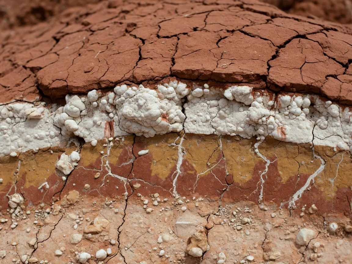 Exposed caliche and clay-rich soil layers showing the reddish-brown and white calcium carbonate deposits common in the Texas Hill Country