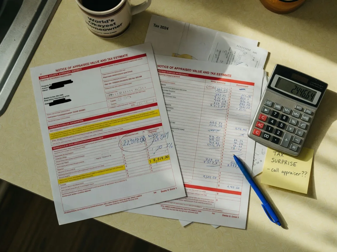 A Texas property tax statement showing the difference between initial and reassessed tax amounts.