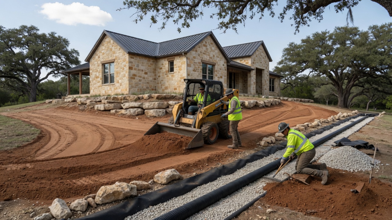 Professional landscape crew grading soil and installing French drains around a Hill Country-style home, with a skid-steer loader reshaping contours and workers hand-raking freshly graded earth near a gravel-lined drain trench