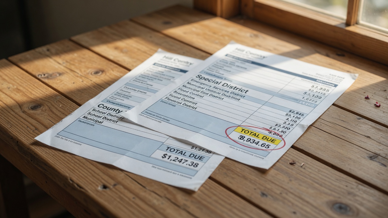 Close-up comparison of two property tax bills showing the difference between a home with special districts and one without — the special district bill has significantly higher totals