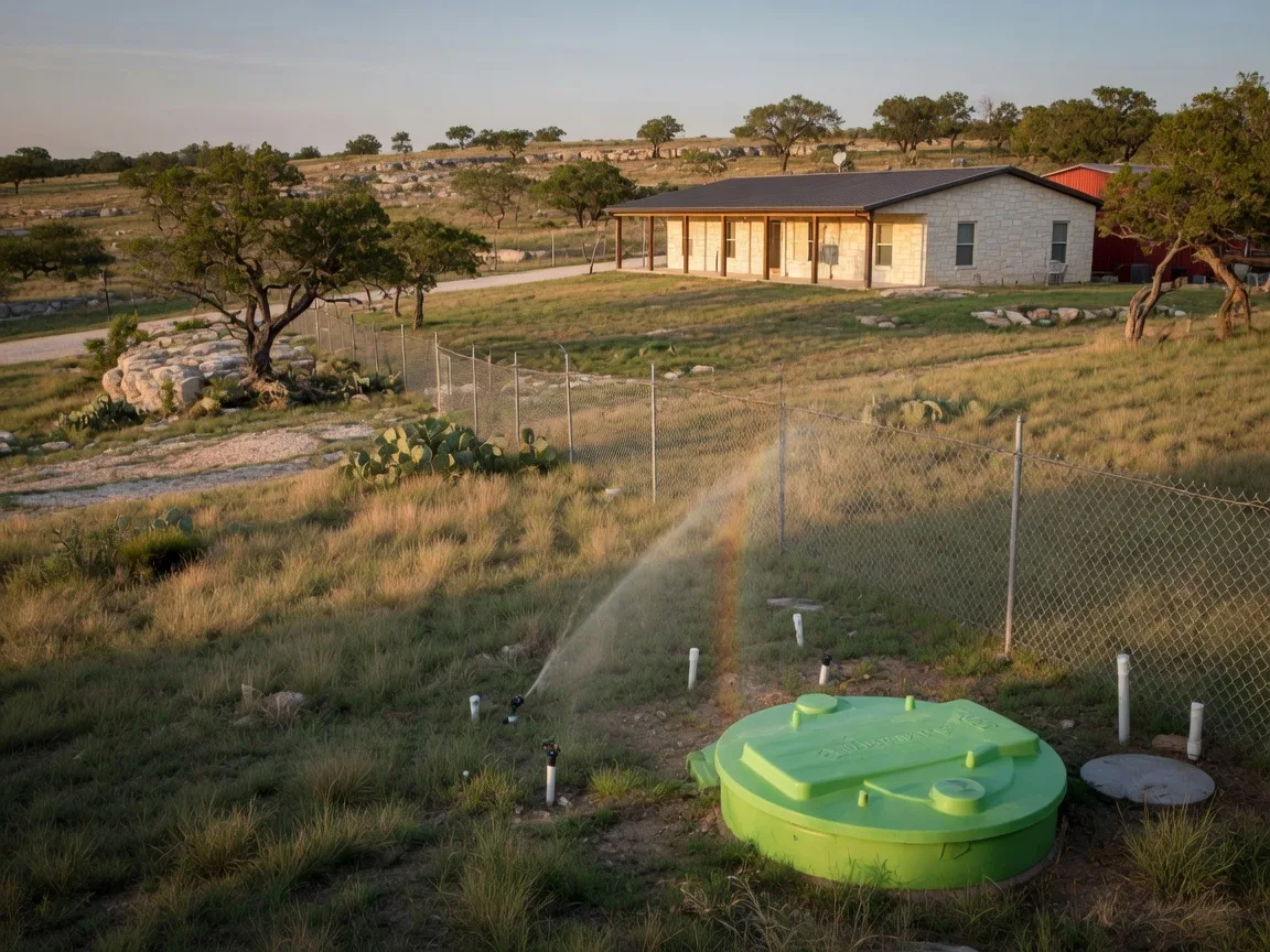 A Hill Country ranch property with visible septic system equipment and well infrastructure set against limestone terrain and native oaks