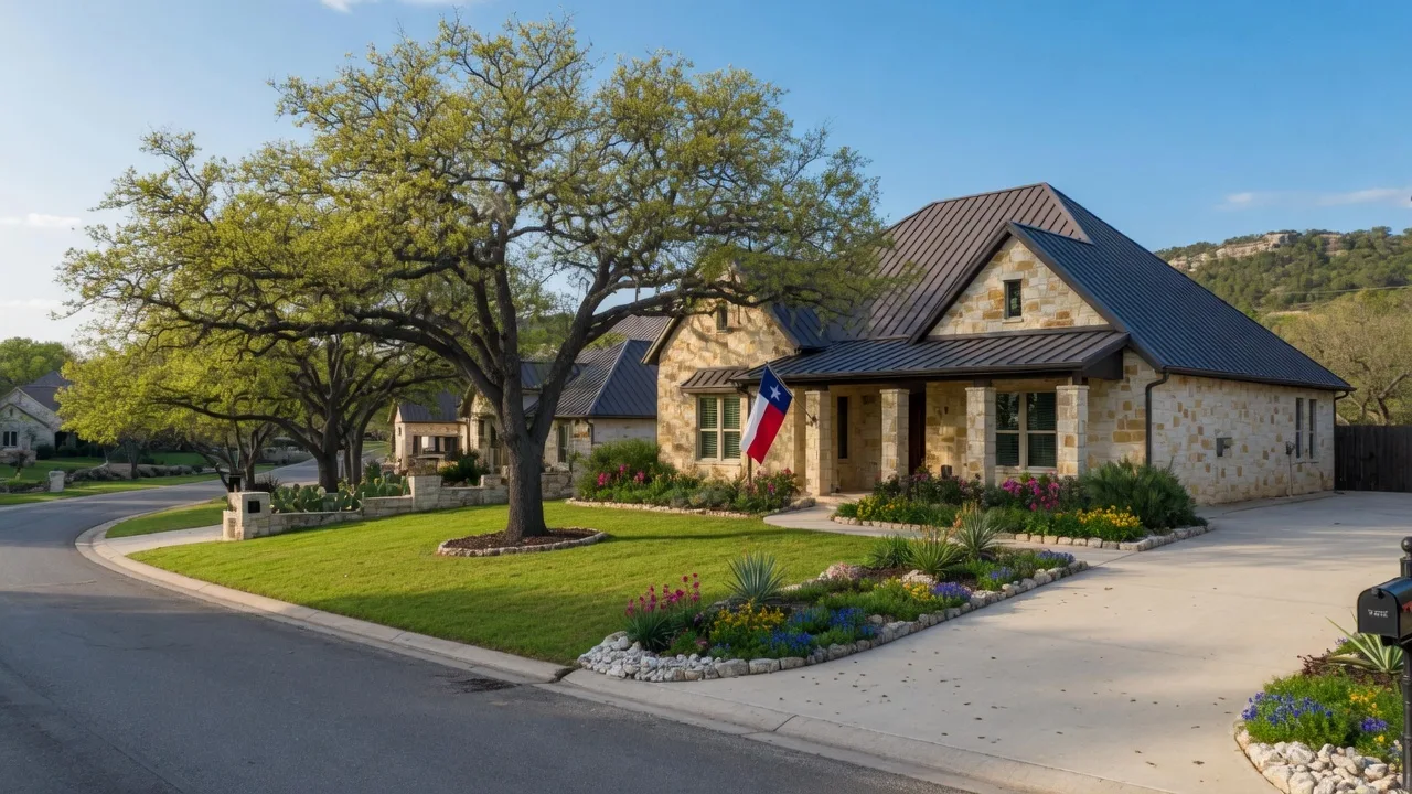 Single-family limestone home in Boerne with a metal roof, live oak trees, and native landscaping on a spring afternoon