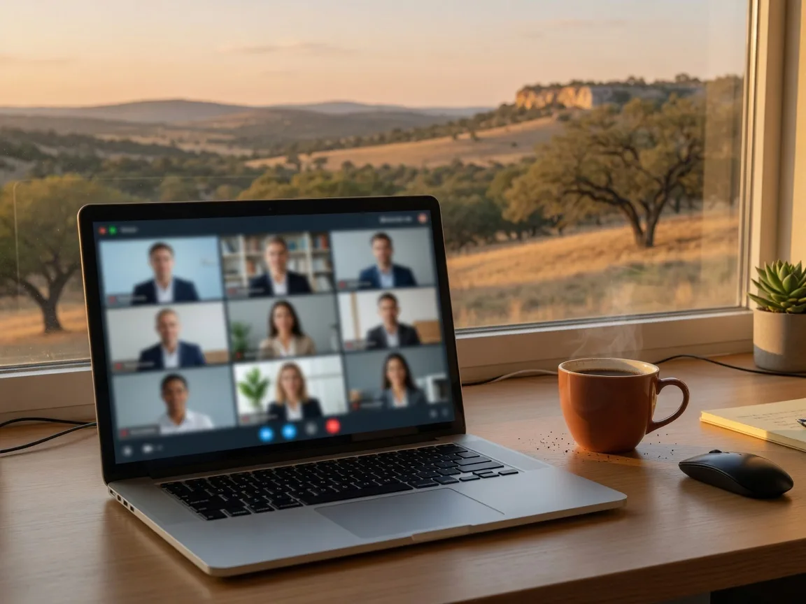 Remote worker laptop on a desk with a video conference call on screen and Texas Hill Country visible through the window