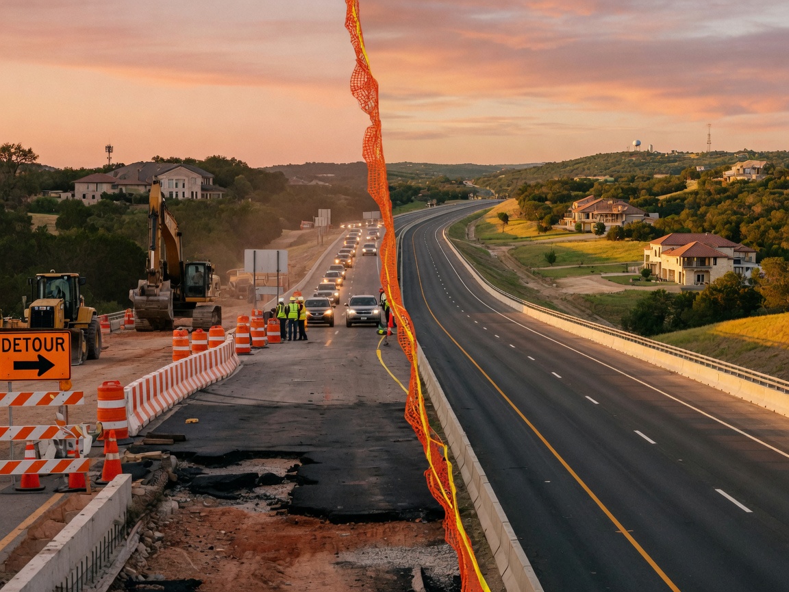 Contrasting view of active highway construction alongside the long-term vision of completed infrastructure serving Hill Country communities with open skies and rolling terrain
