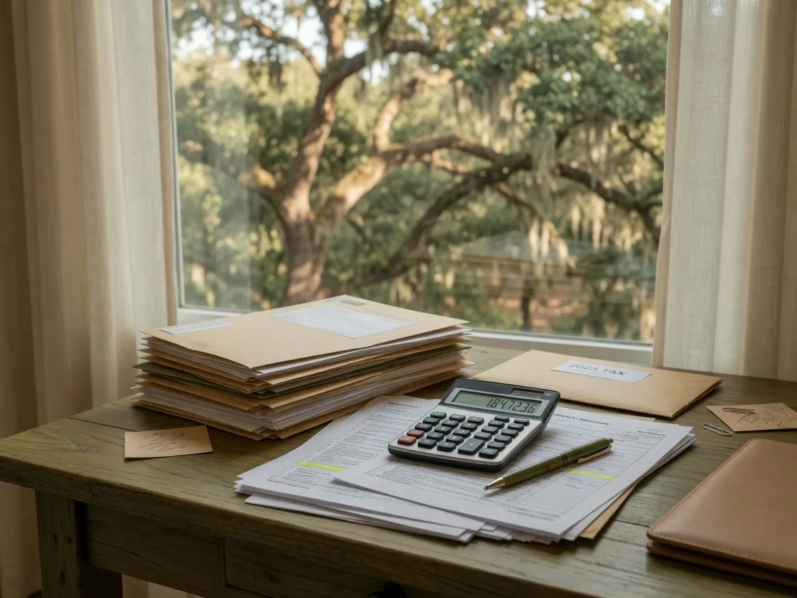 Documents, calculator, and pen on a wooden desk in front of a window, conveying careful financial planning for a 1031 exchange