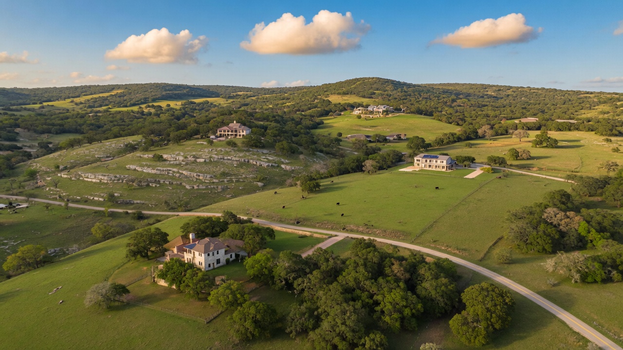 Aerial view of Texas Hill Country landscape with homes on large lots among live oaks