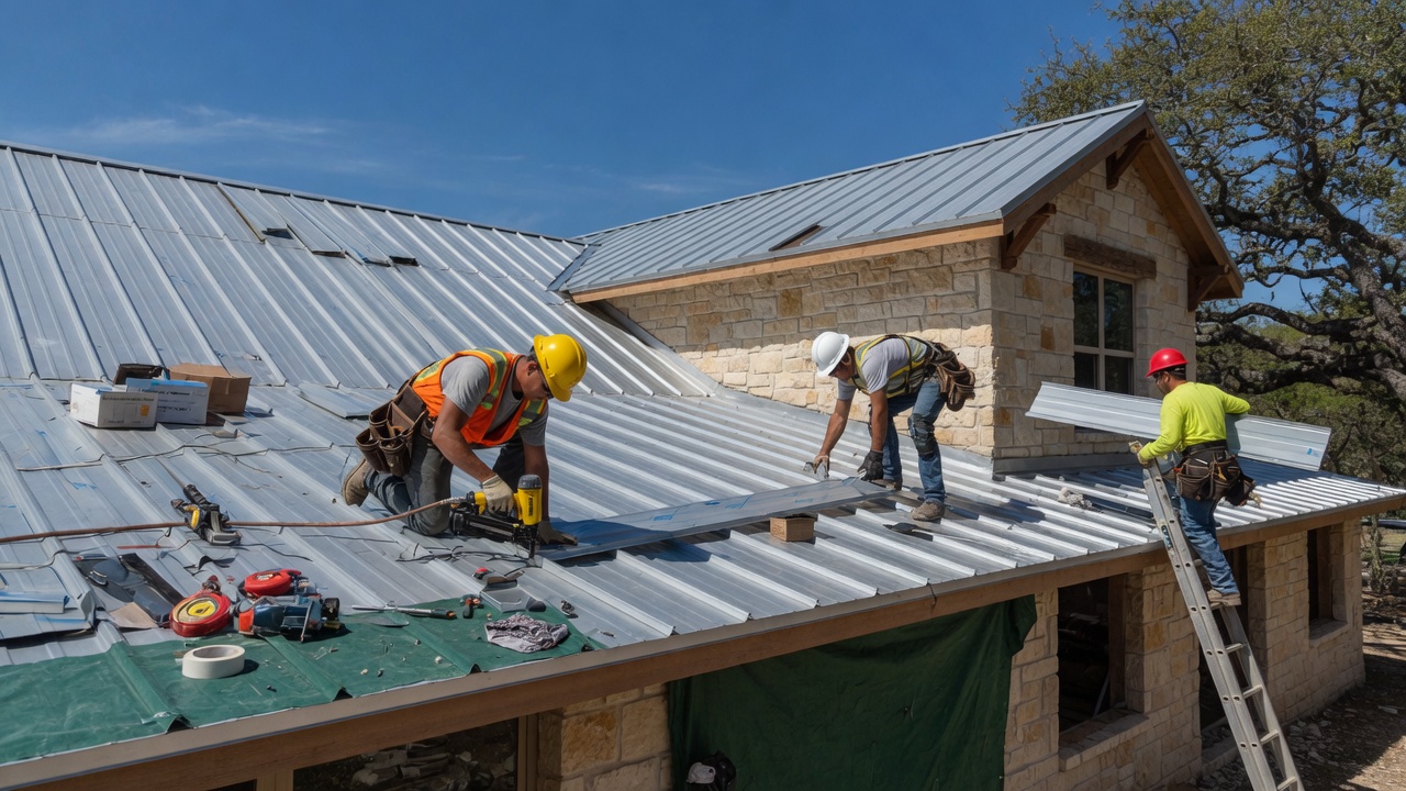 Roofing contractors inspecting and repairing a standing-seam metal roof on a Hill Country home — proactive roof maintenance to prevent water intrusion ahead of heavy El Niño season rainfall