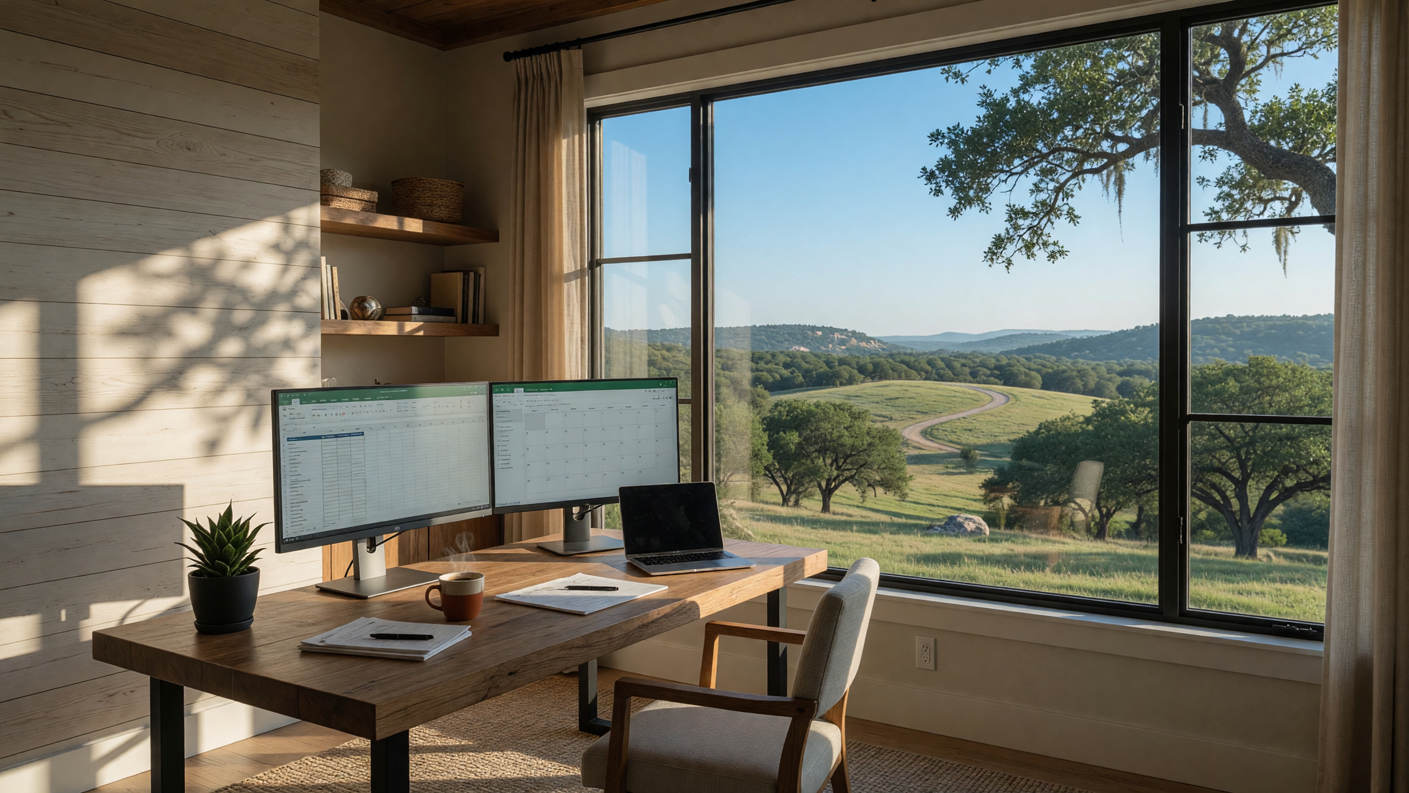 Modern home office with Hill Country views through a large window