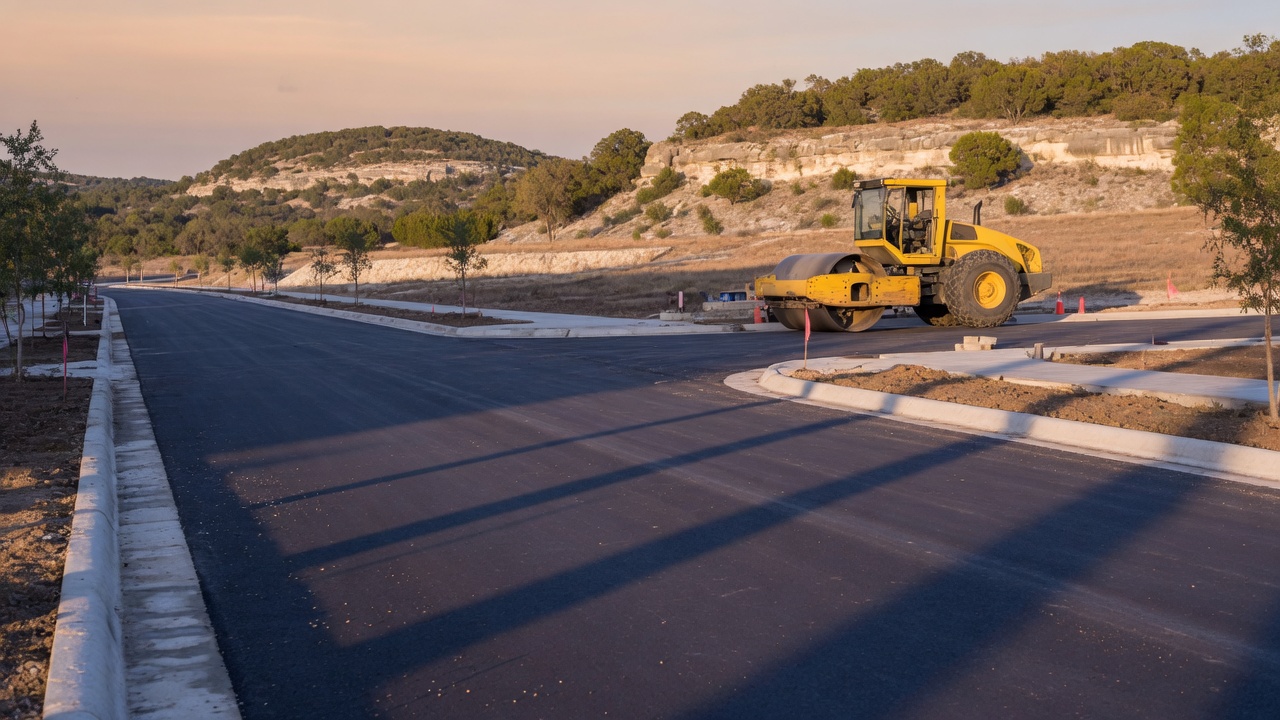 Newly constructed residential roads with fresh asphalt, concrete curbs, and road-building equipment in a Texas Hill Country development — the road infrastructure that a Road Utility District funds