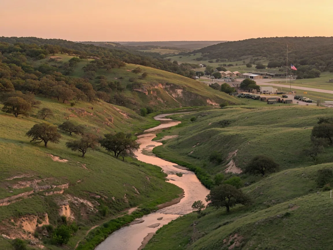 Aerial view of the Texas Hill Country with rolling green hills, limestone outcroppings, and live oak trees under golden hour light