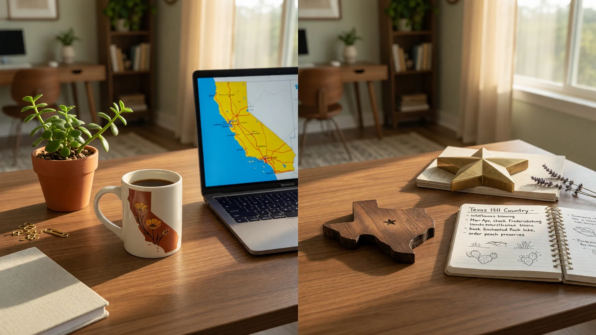 Split-concept home office desk with California and Texas themed items, representing remote work across state lines
