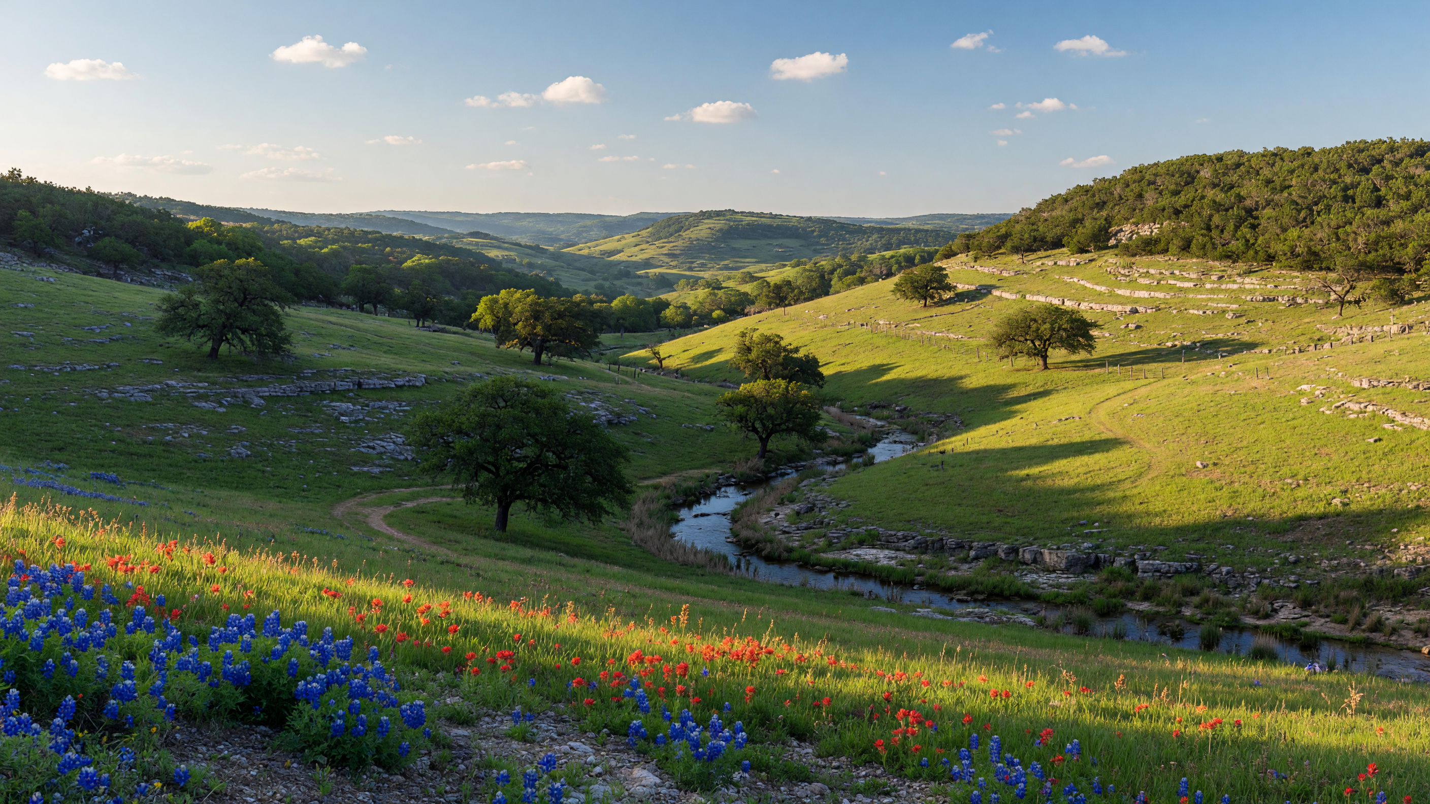Panoramic view of the Texas Hill Country landscape with rolling green limestone hills, scattered live oak trees, and wildflower-strewn pastures — the terrain and vegetation that El Niño rainfall helps restore after years of drought