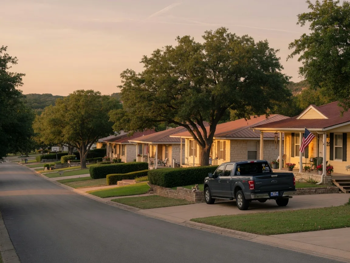 A quiet Texas Hill Country residential street with well-maintained homes, mature live oak trees, and a Disabled Veteran license plate visible on a parked car