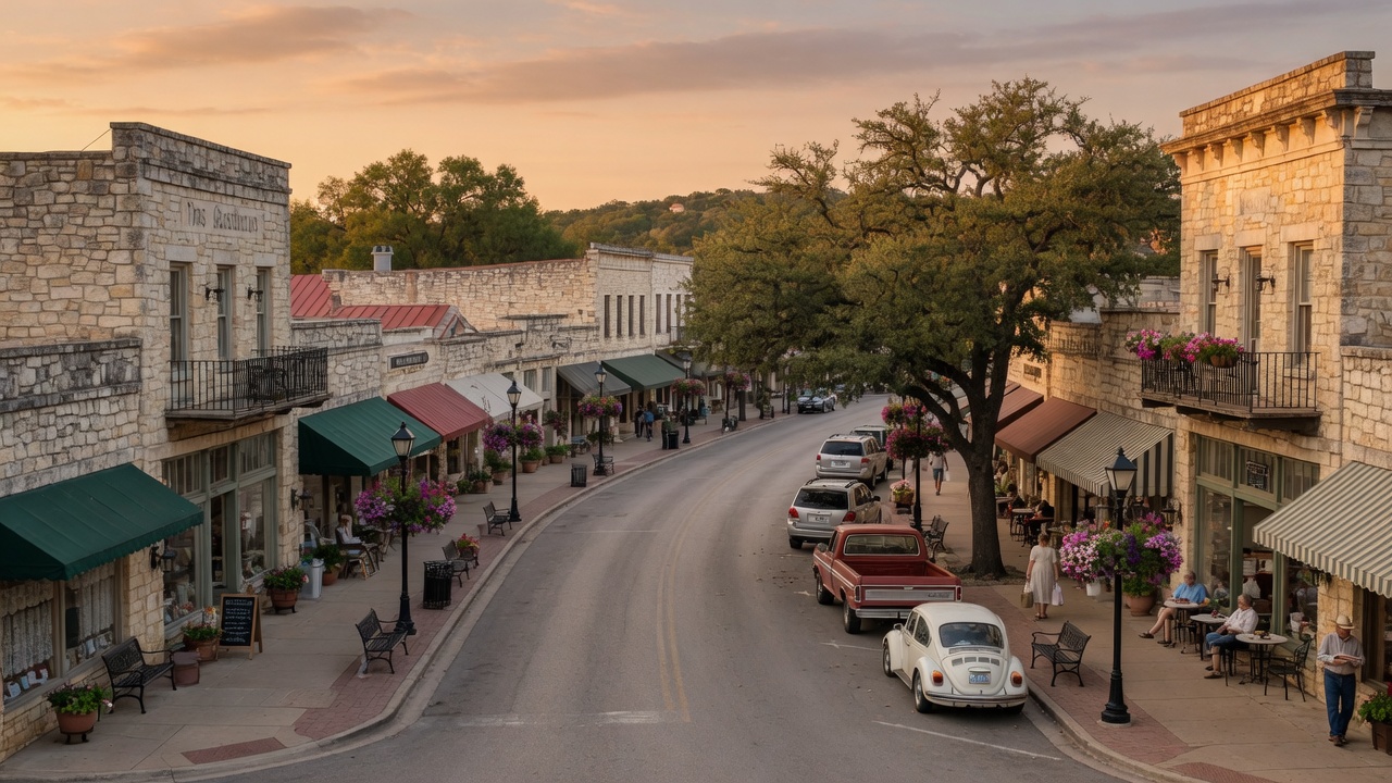 Walkable Main Street in Boerne, Texas with local shops and oak-shaded sidewalks